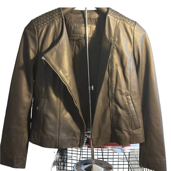 Cole Haan asymmetrical collarless black leather Jacket 100% Lamb Skin Size L - Picture 2 of 9